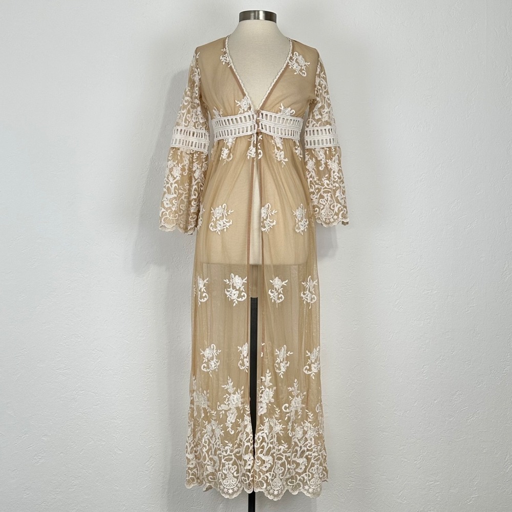 Festival Fairy Boho Western Kimono Sz Small Floral Lace Sheer Embroidered Duster